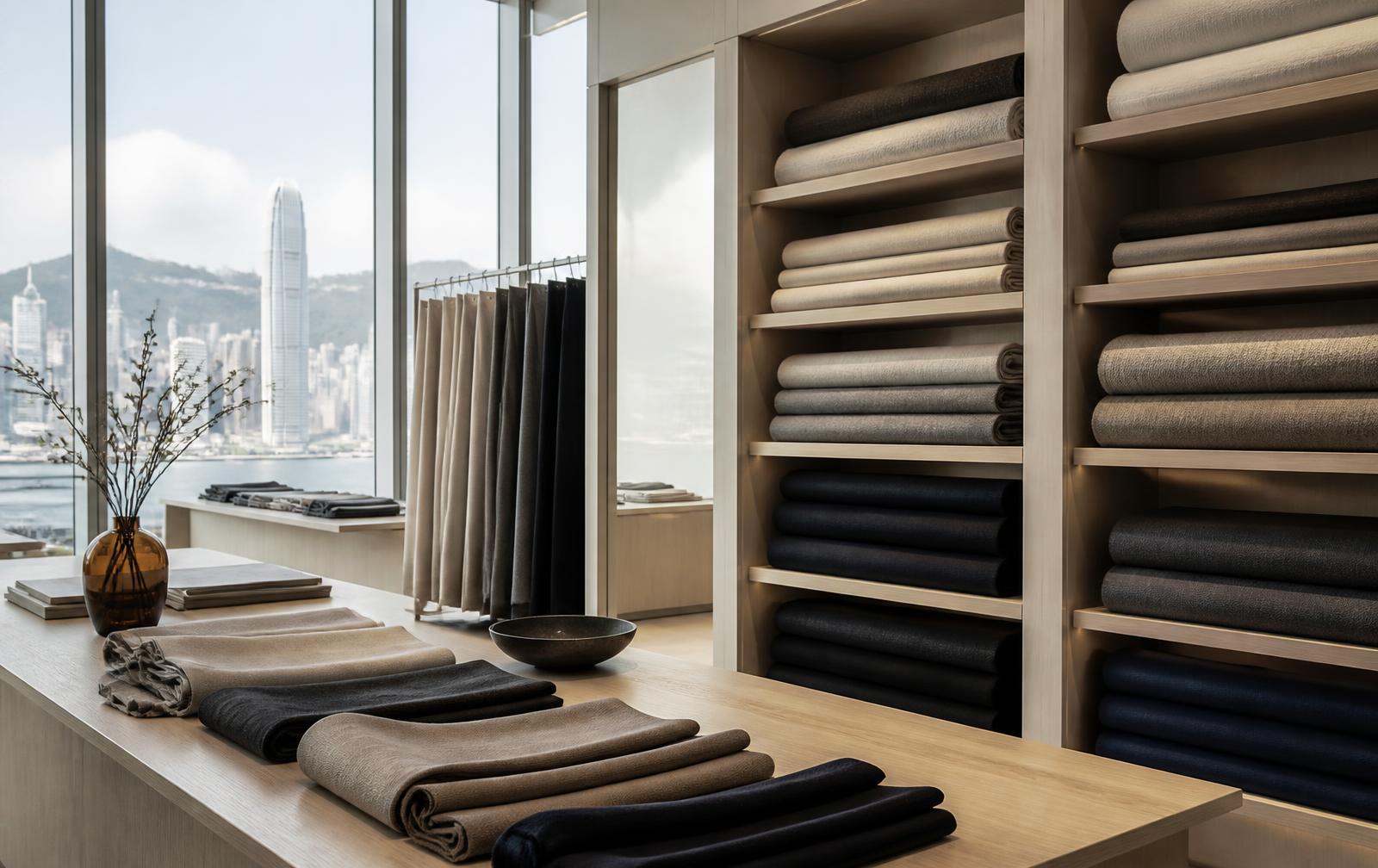 Folded wool and cashmere fabric on pale oak shelving in a Hong Kong showroom